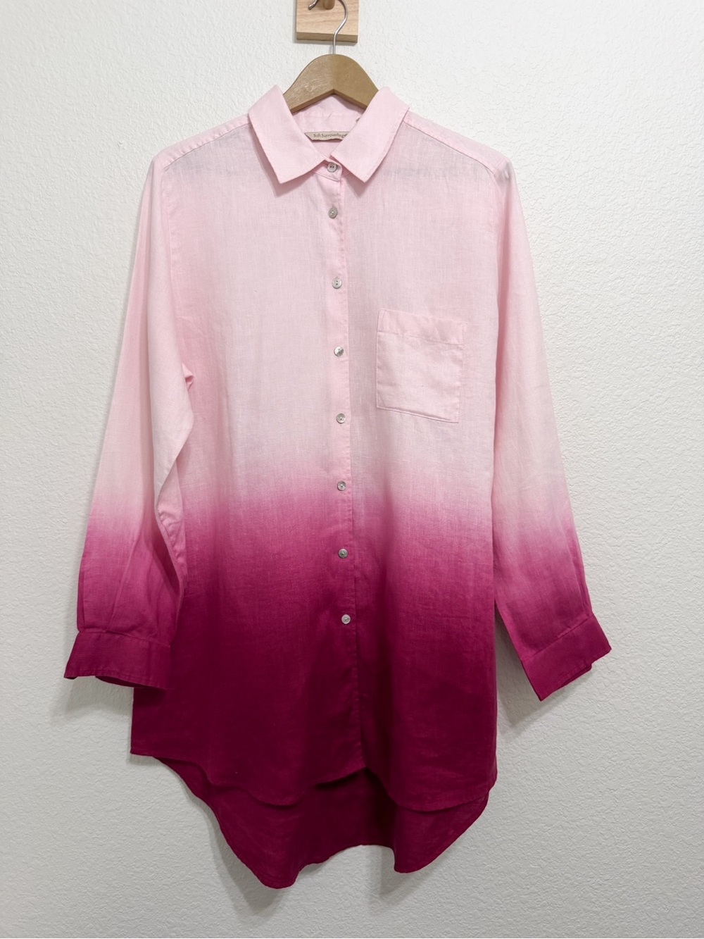 Soft Surroundings Dip Dye Ombre 100% Linen Button Blouse Large Pink